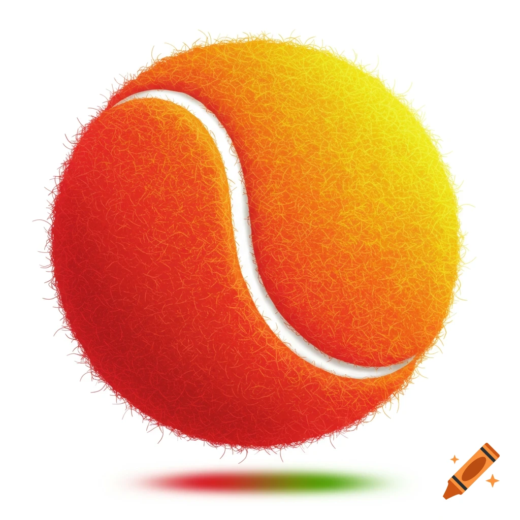 A bright orange and yellow tennis ball with a white seam.