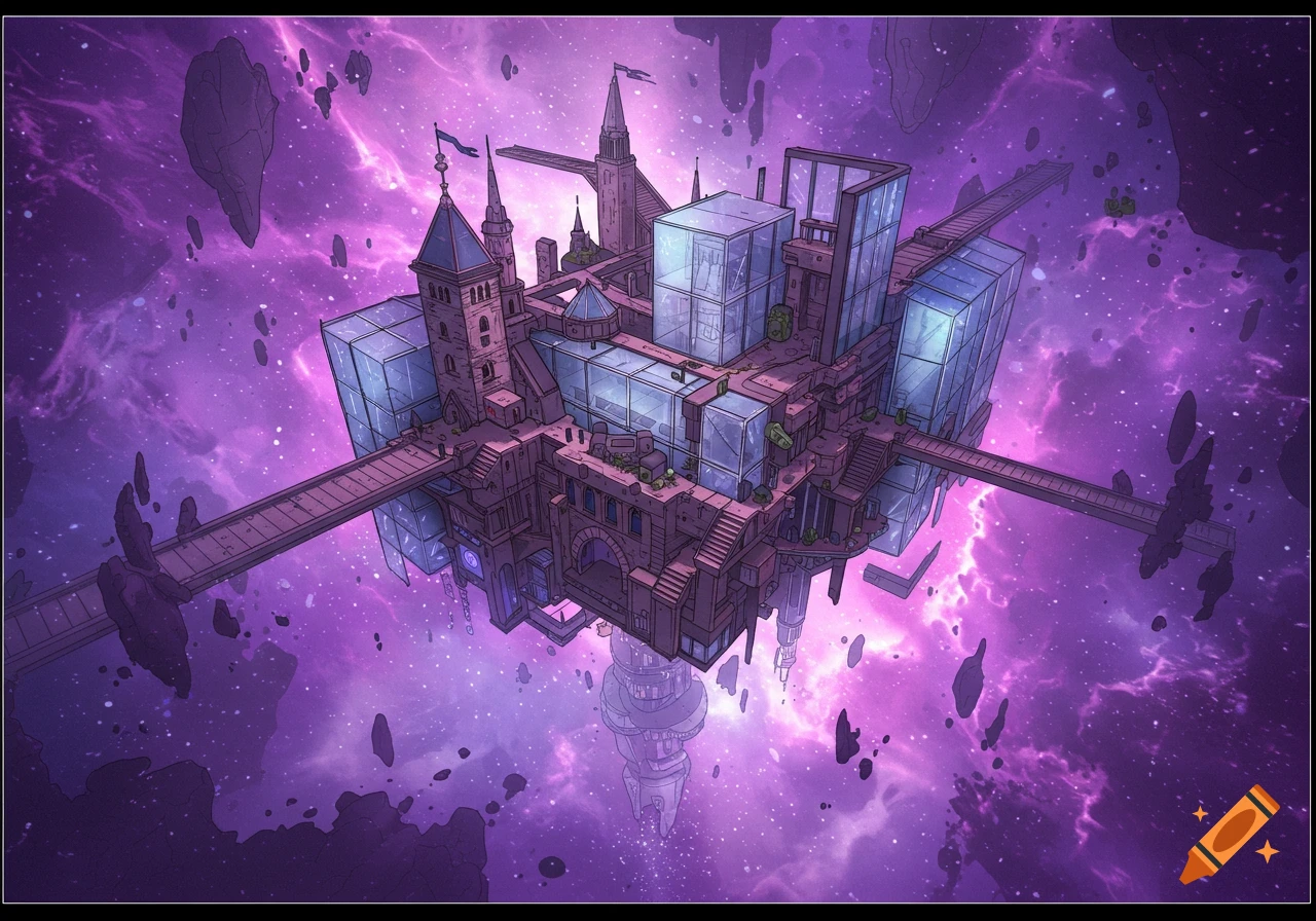 Hybrid castle and office building floating in a purple space nebula with asteroids.