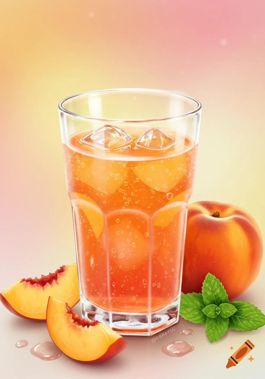 A refreshing glass of peach lemonade filled with ice, garnished with peach slices, a whole peach, and fresh mint leaves.