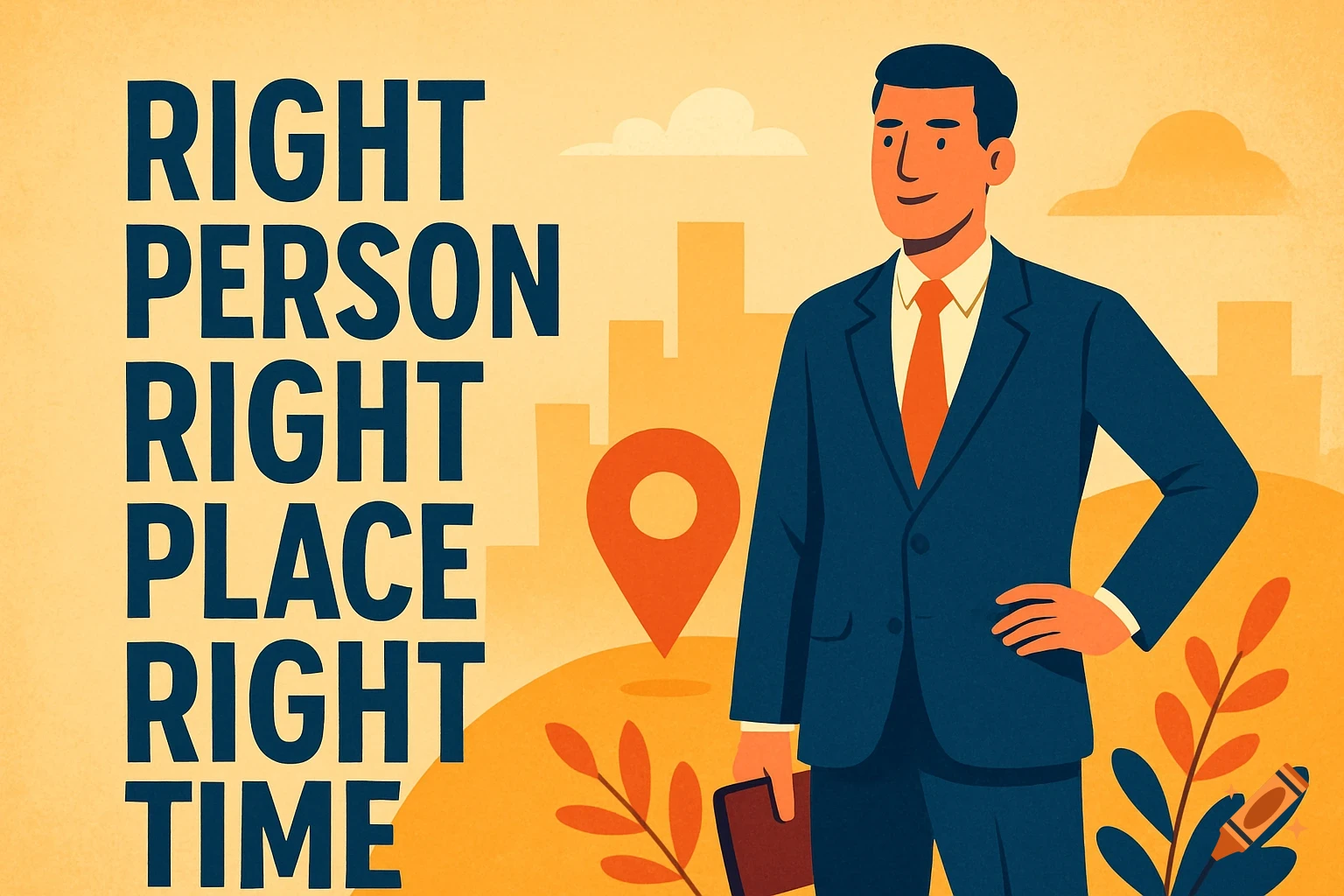 Illustration of a businessman standing next to the text 'RIGHT PERSON RIGHT PLACE RIGHT TIME' with a cityscape background.