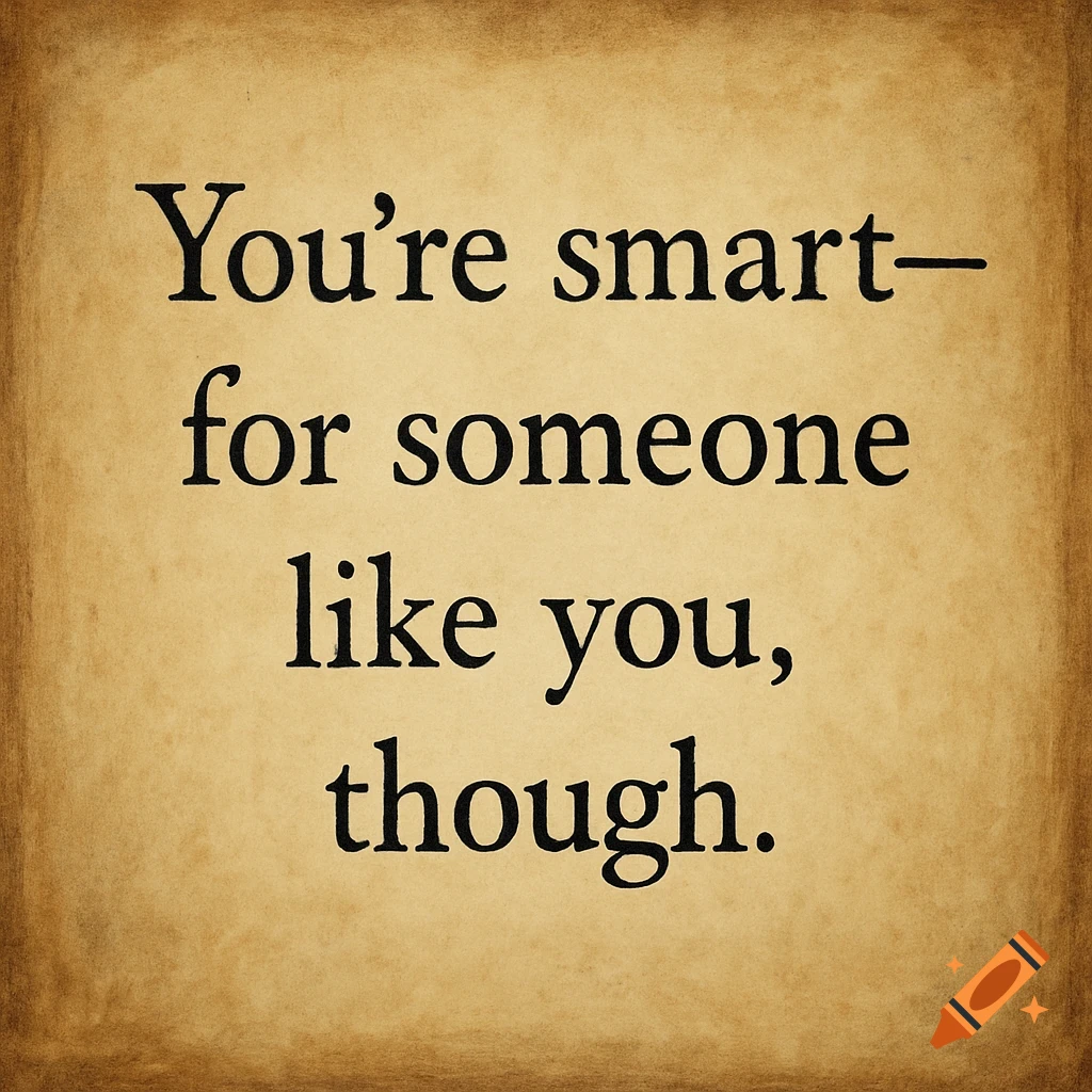 Text reading 'You're smart-- for someone like you, though.' on a vintage paper background.