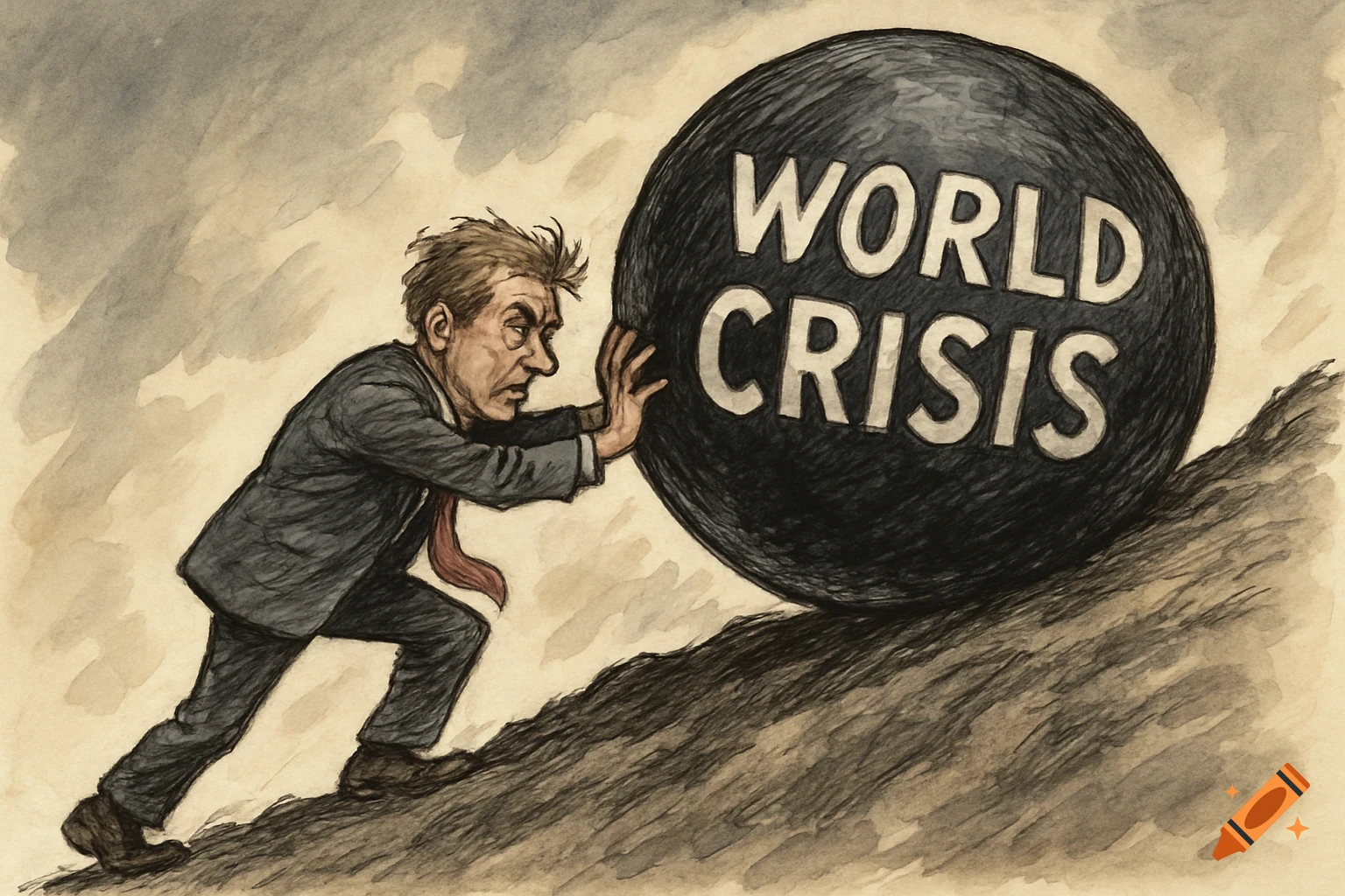 Illustration of a man pushing a large black sphere labeled 'World Crisis' up a steep hill.