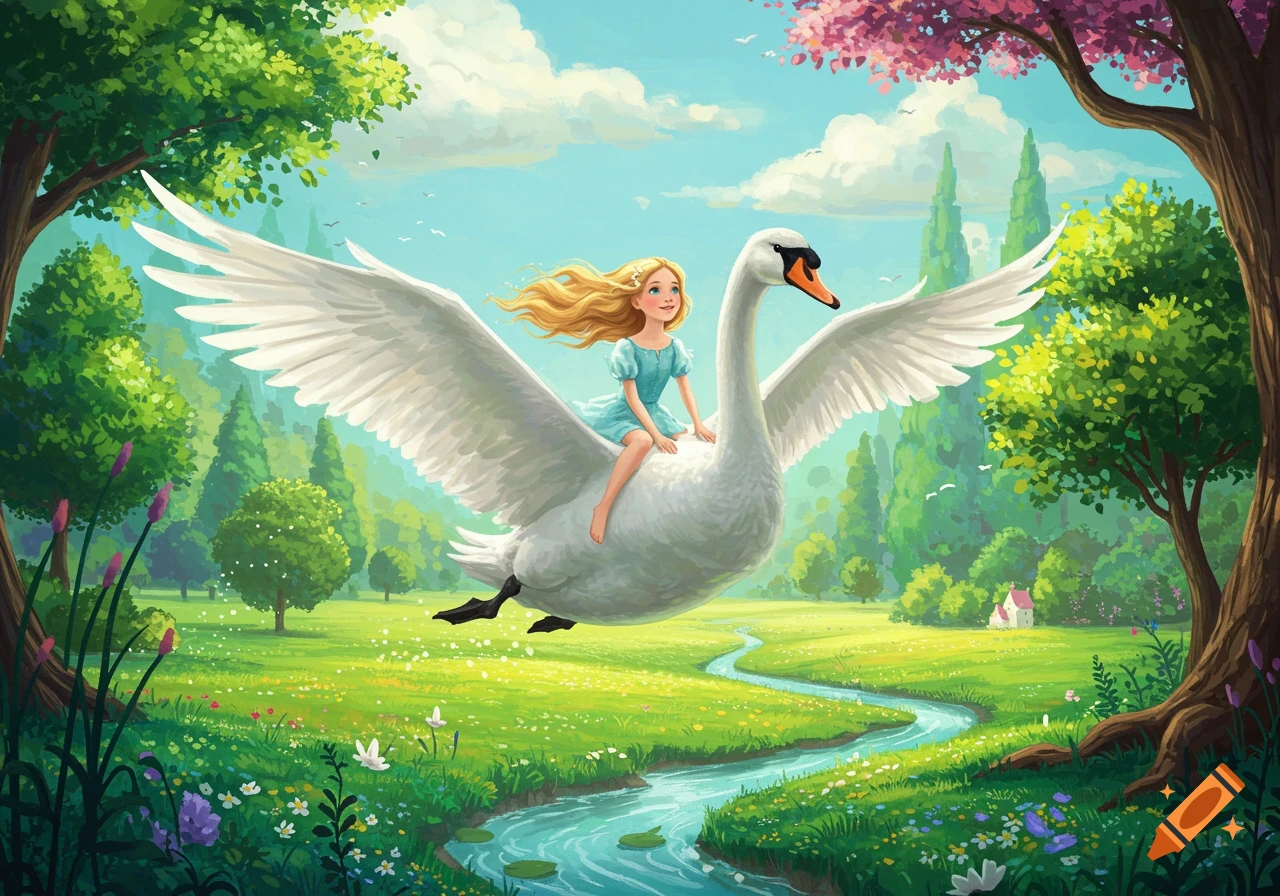 Young girl riding a majestic white swan over a vibrant fantasy landscape, fairytale scene.