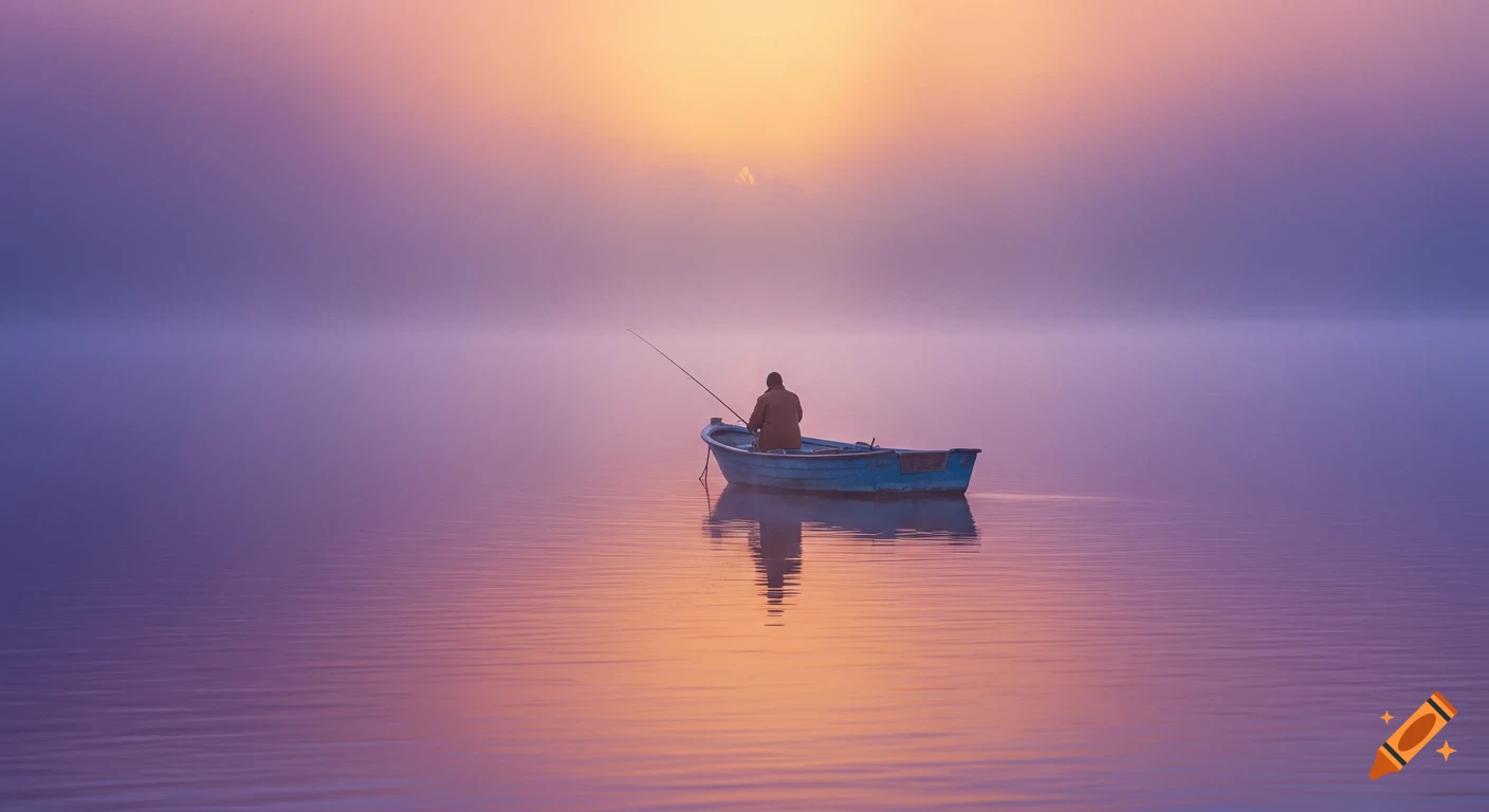A lone figure fishes from a small boat on calm water during a colorful sunrise.