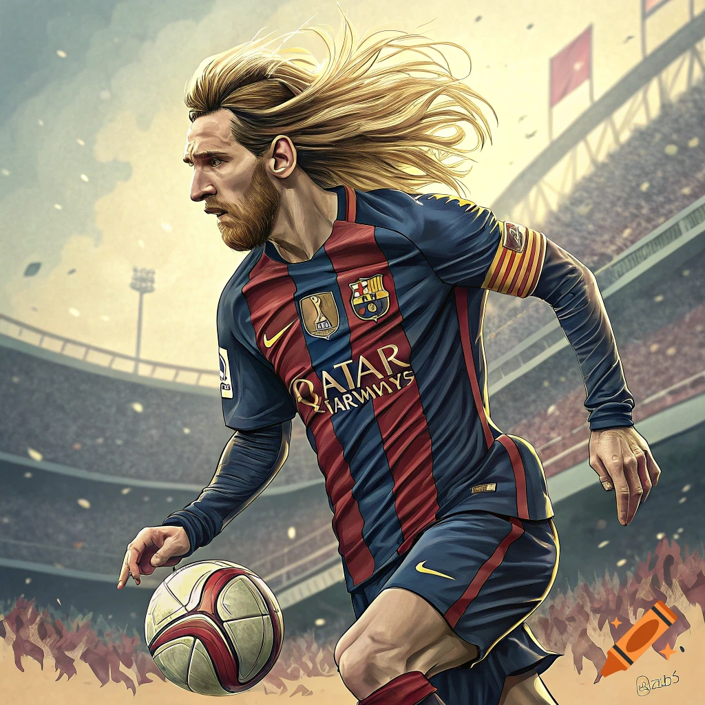Stylized illustration of Lionel Messi in a Barcelona kit dribbling a football in a stadium.