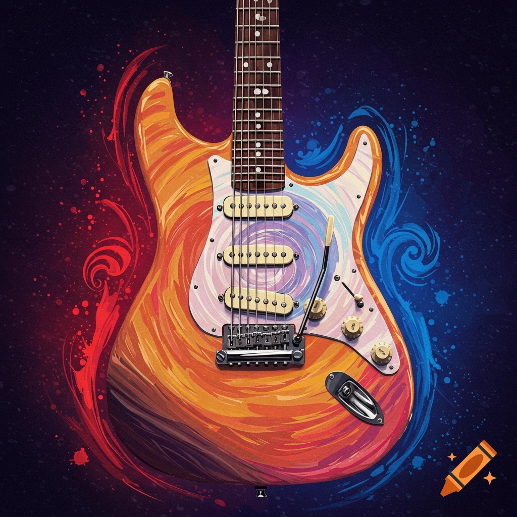 An electric guitar with swirling orange, red, and blue colors.