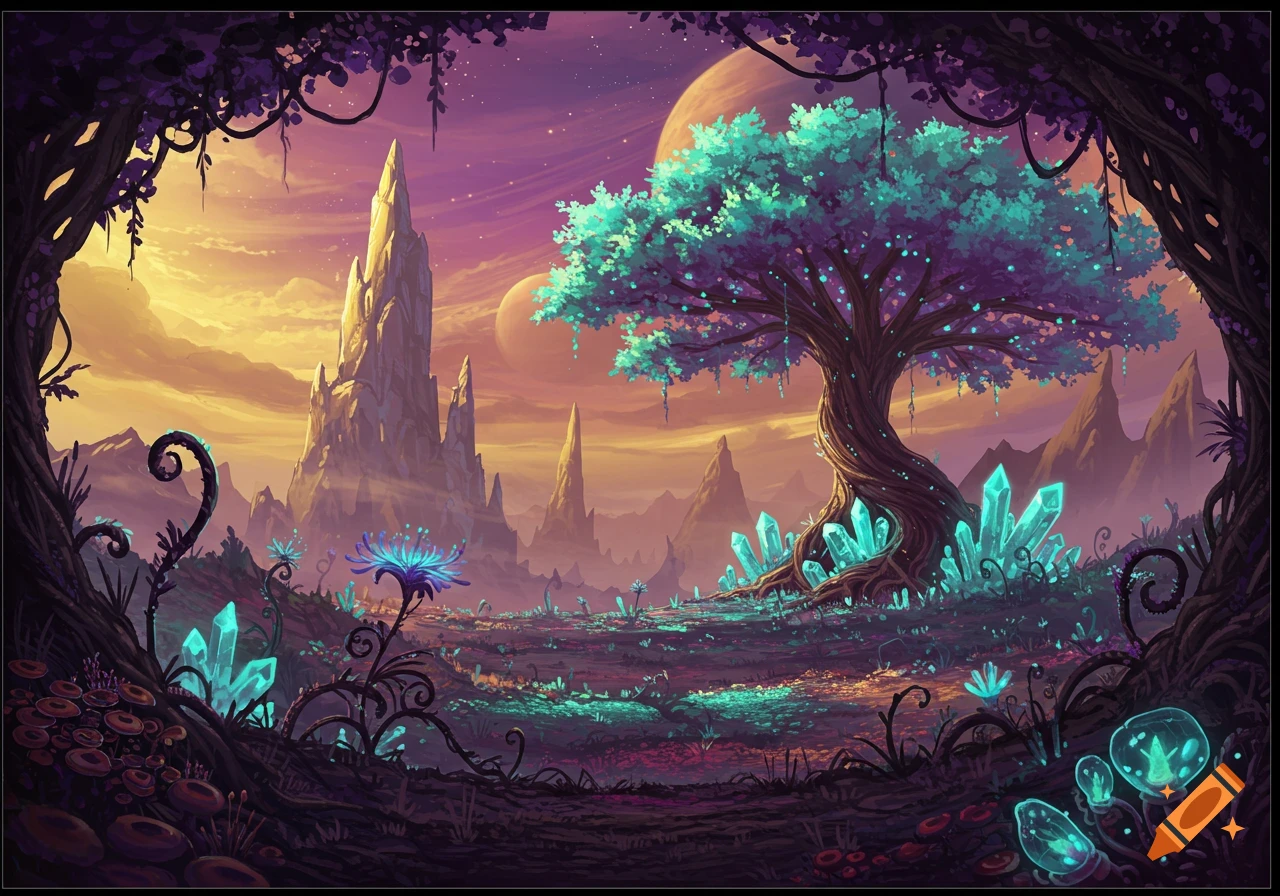 Fantasy alien landscape with strange spires, glowing tree, and teal crystals under a double planet sky, illustration.