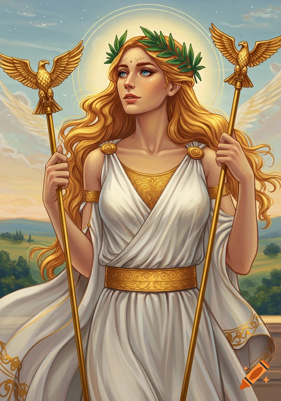 A woman dressed as a Greek goddess, holding staffs topped with golden eagles, against a landscape.