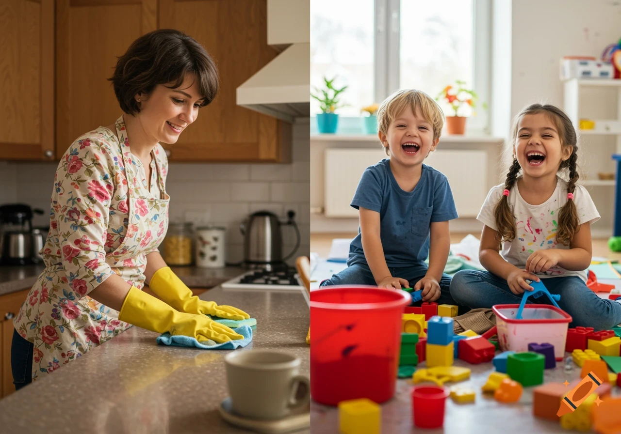 Split image showing a woman cleaning a kitchen counter and two children playing with blocks