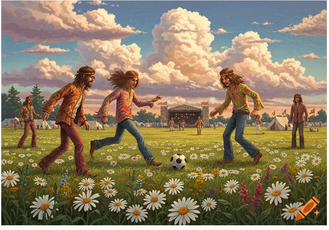 People in retro clothing play soccer in a field of daisies at a music festival under a cloudy sky.
