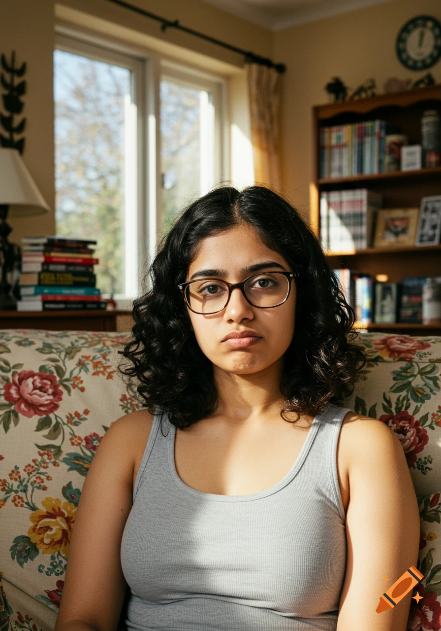 A young woman with glasses and wavy hair sits on a floral sofa in a sunlit living room.