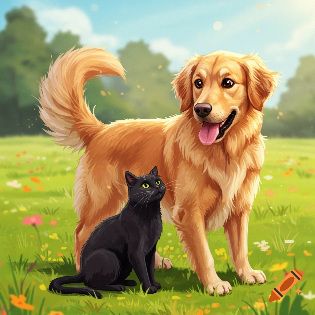 A golden retriever dog stands next to a black cat in a grassy field with flowers.