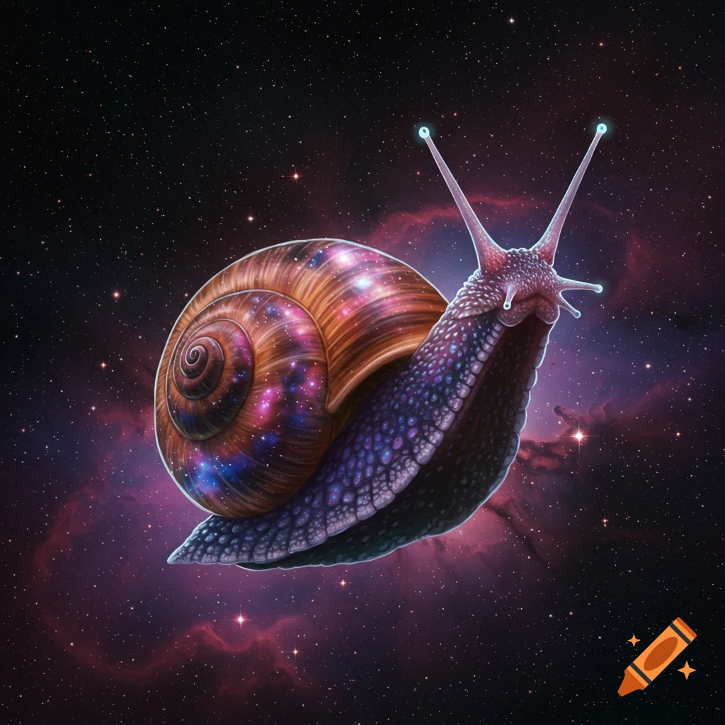 A giant snail with a glowing shell and antennae floats through a starry galaxy.