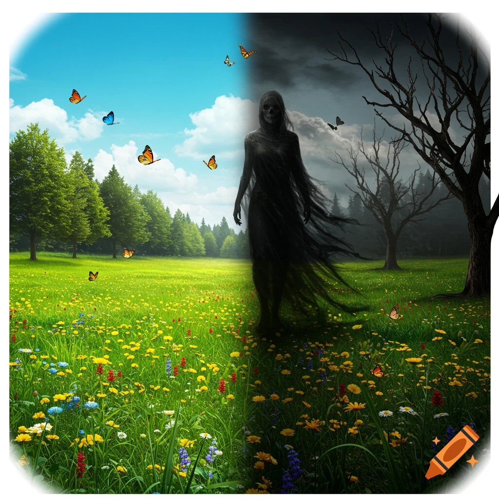 A field split between vibrant life with butterflies and dark death with a skeletal figure.