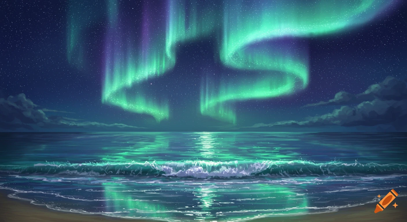 Green and purple aurora borealis over a starry ocean and beach.