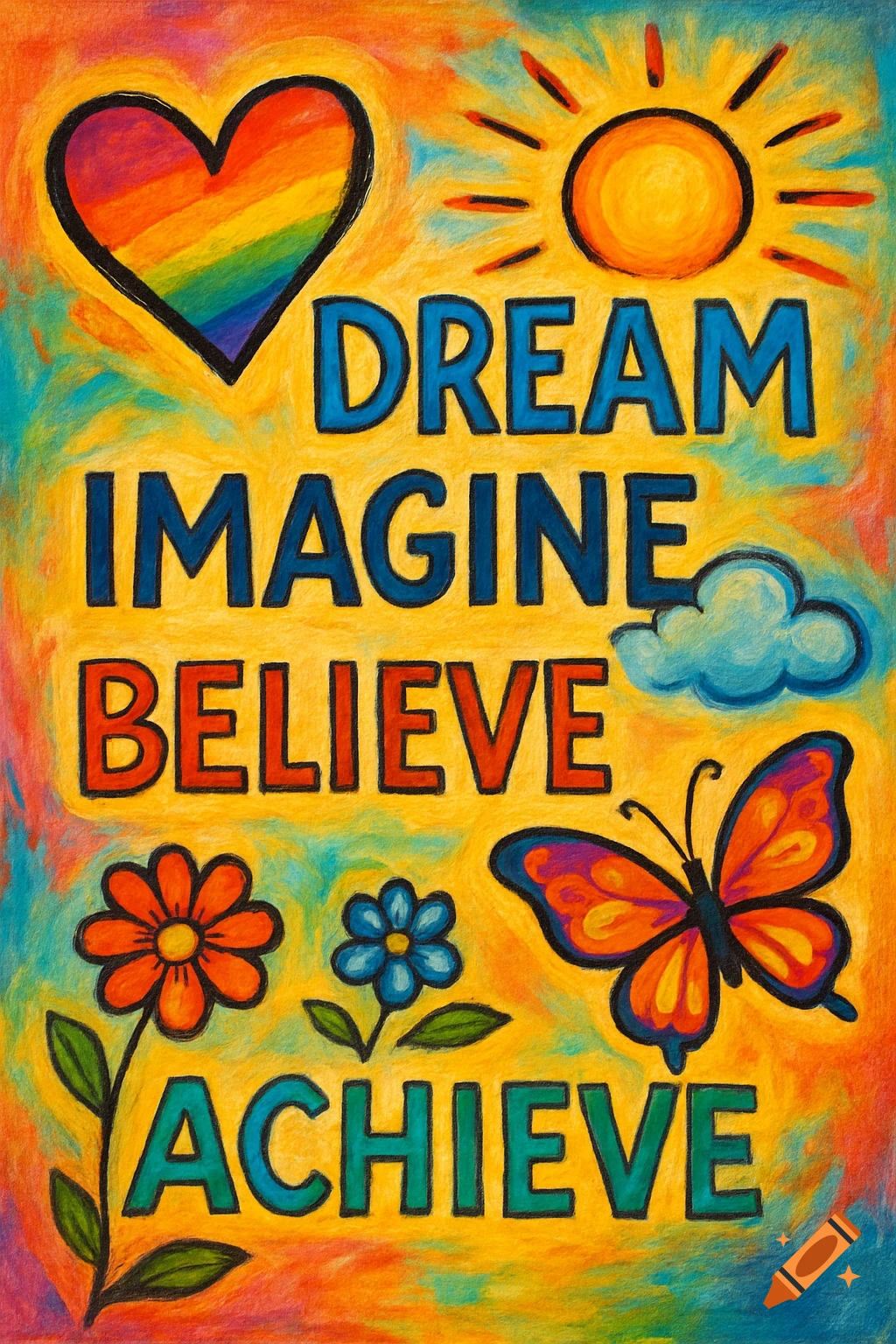 Colorful inspirational text DREAM IMAGINE BELIEVE ACHIEVE with rainbow heart, sun, flowers, butterfly, and cloud in crayon style.