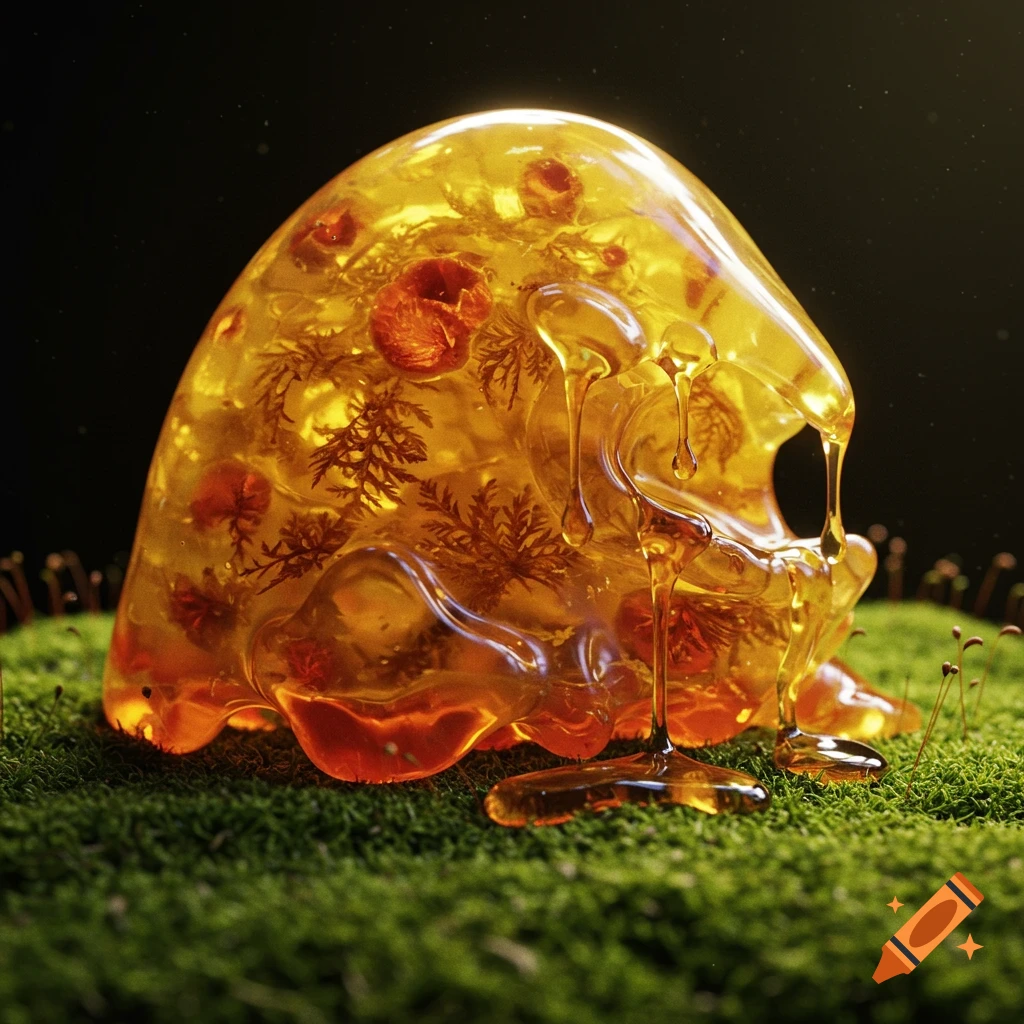 Honey and red plasmoid DND character with fossilized plants, amber dripping onto moss.