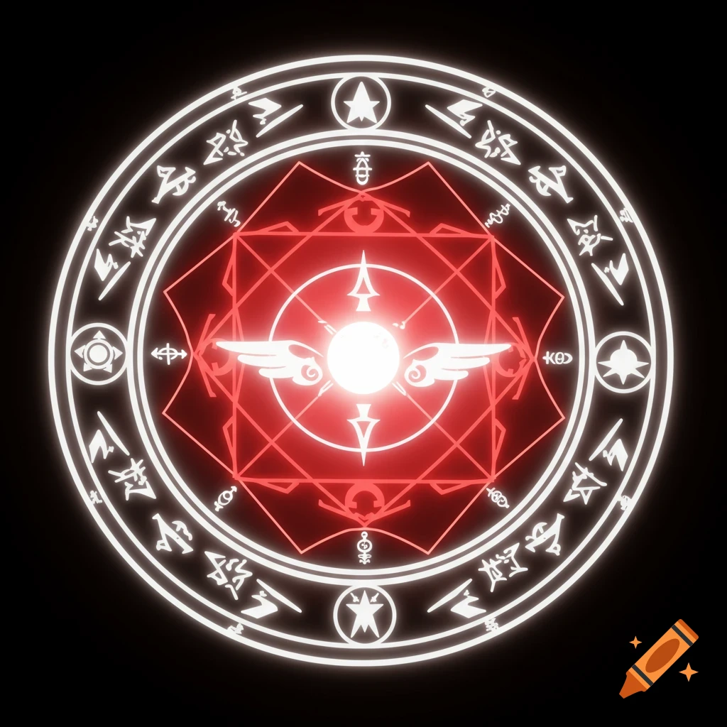 A glowing white and red magical summoning circle with symbols on a black background.
