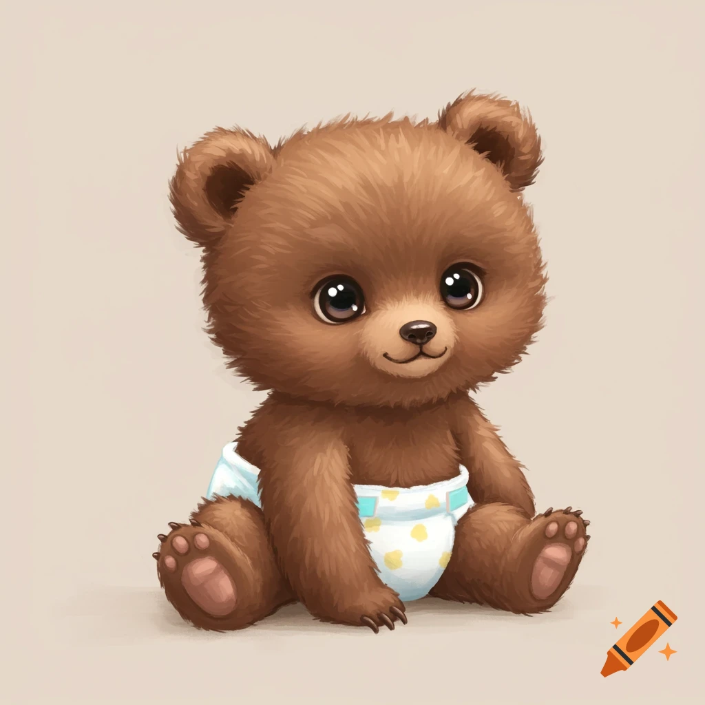 Cute cartoon baby bear wearing a diaper