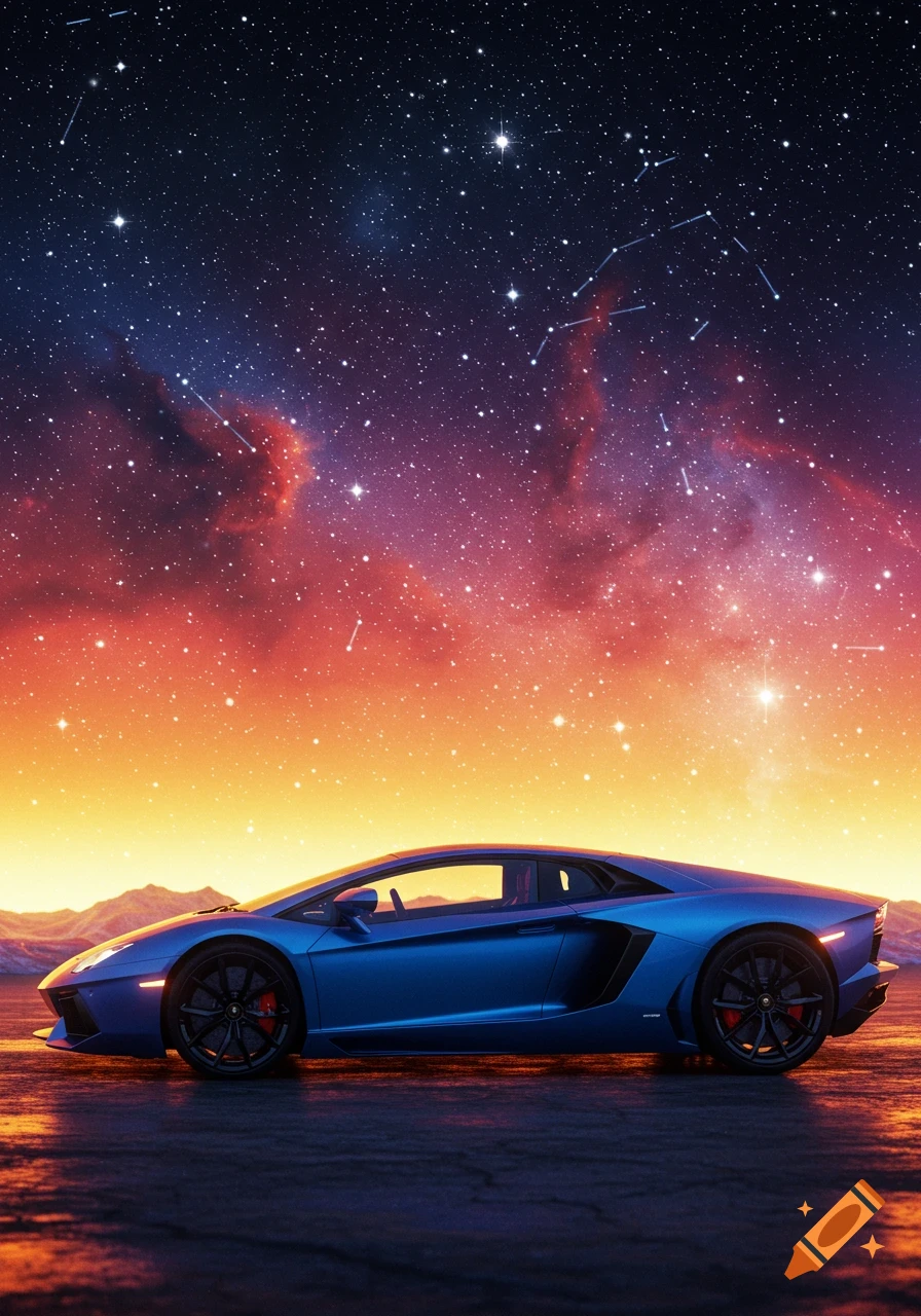 Blue sports car under a vibrant starry sky with mountains.