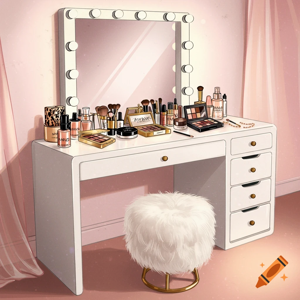 A makeup vanity with a lighted mirror, makeup products, and a fluffy stool.