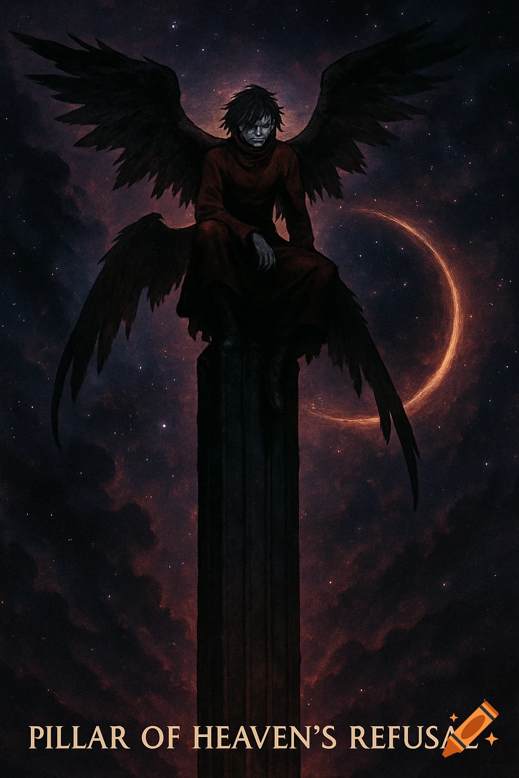 Dark figure with black wings sits on a pillar against a cosmic sky with a glowing ring. Text reads "Pillar of Heaven's Refusal".