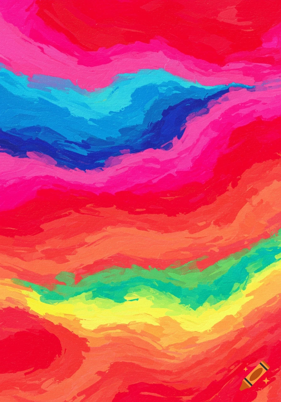 Abstract painting with swirling bands of bright colors like red, blue, green, yellow, orange, and pink.