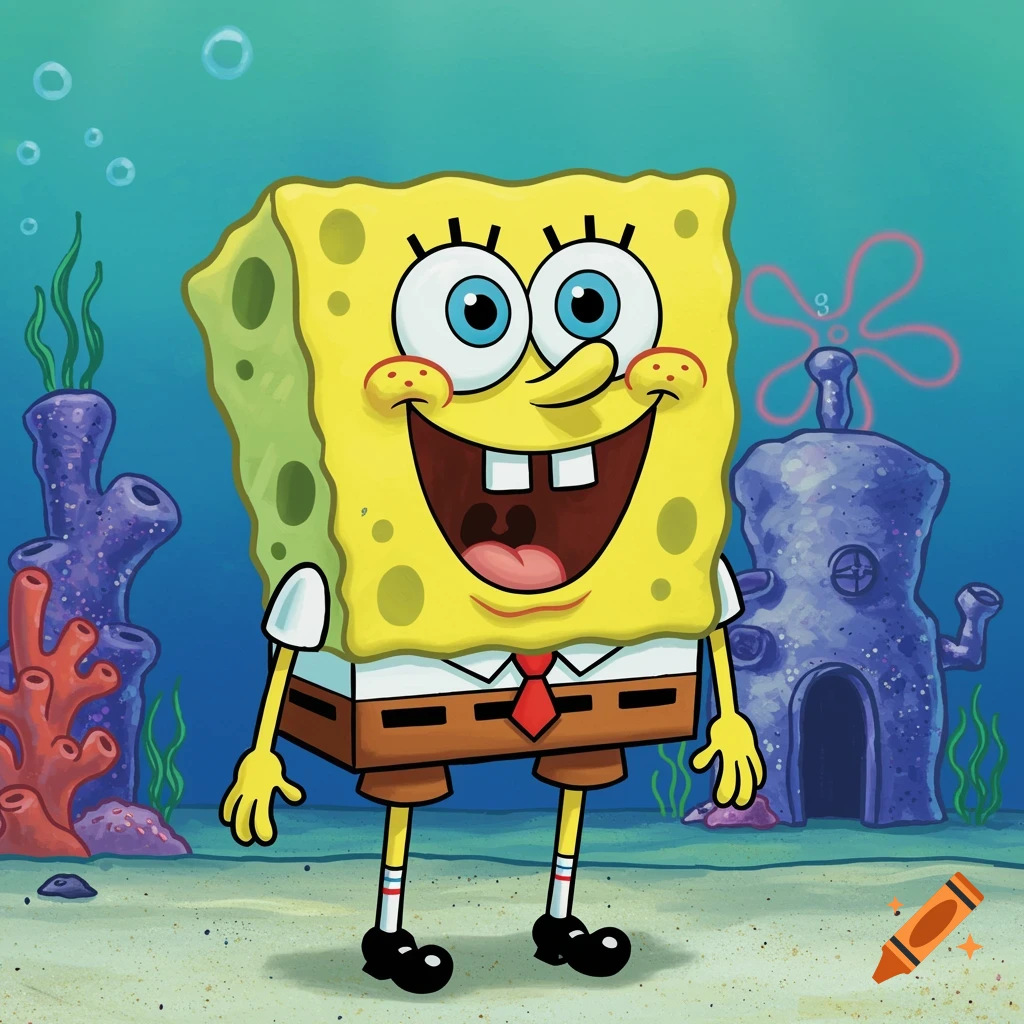 Cartoon of SpongeBob SquarePants smiling underwater in Bikini Bottom.