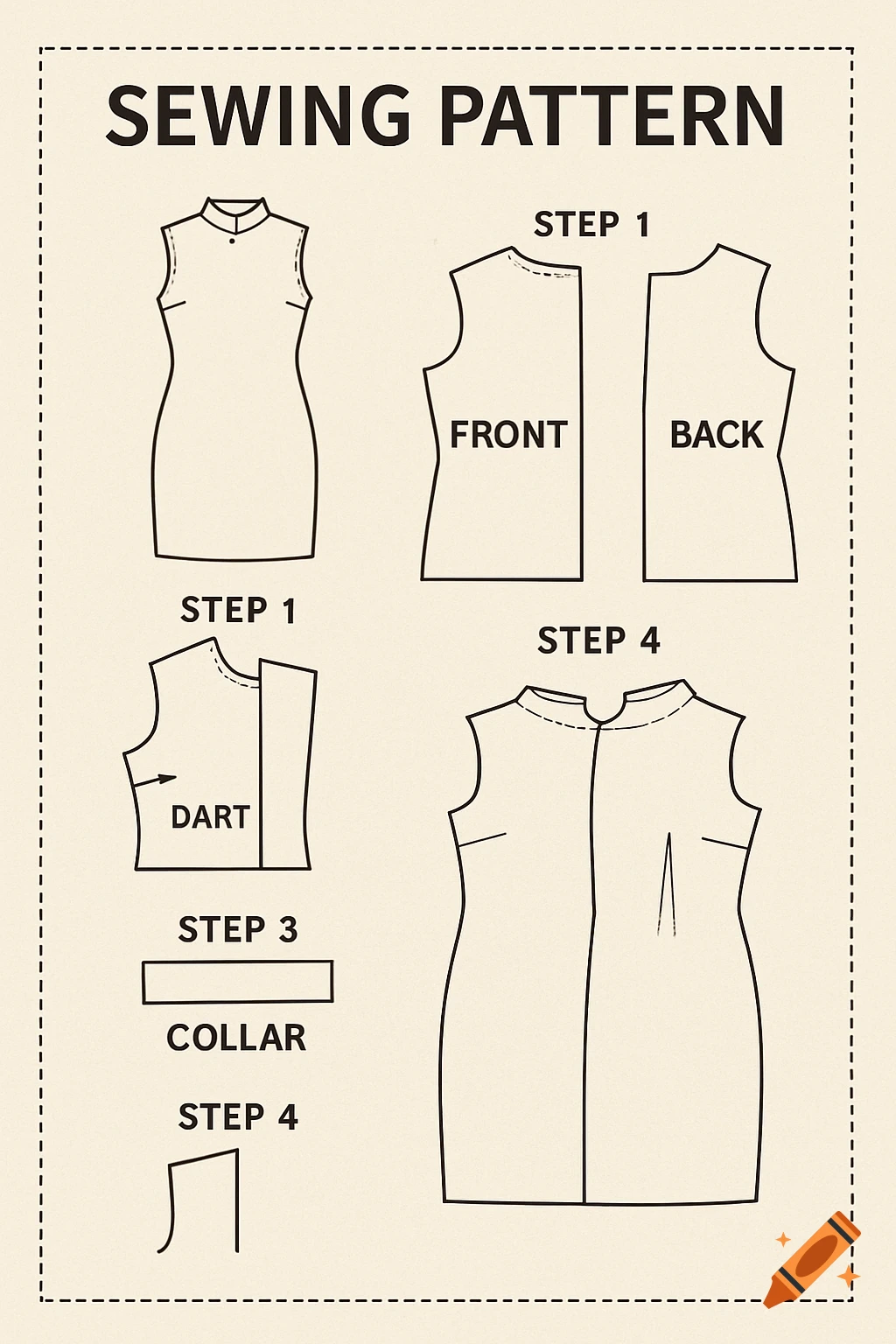 Drawing of a step-by-step sewing pattern for a dress with a mandarin collar.