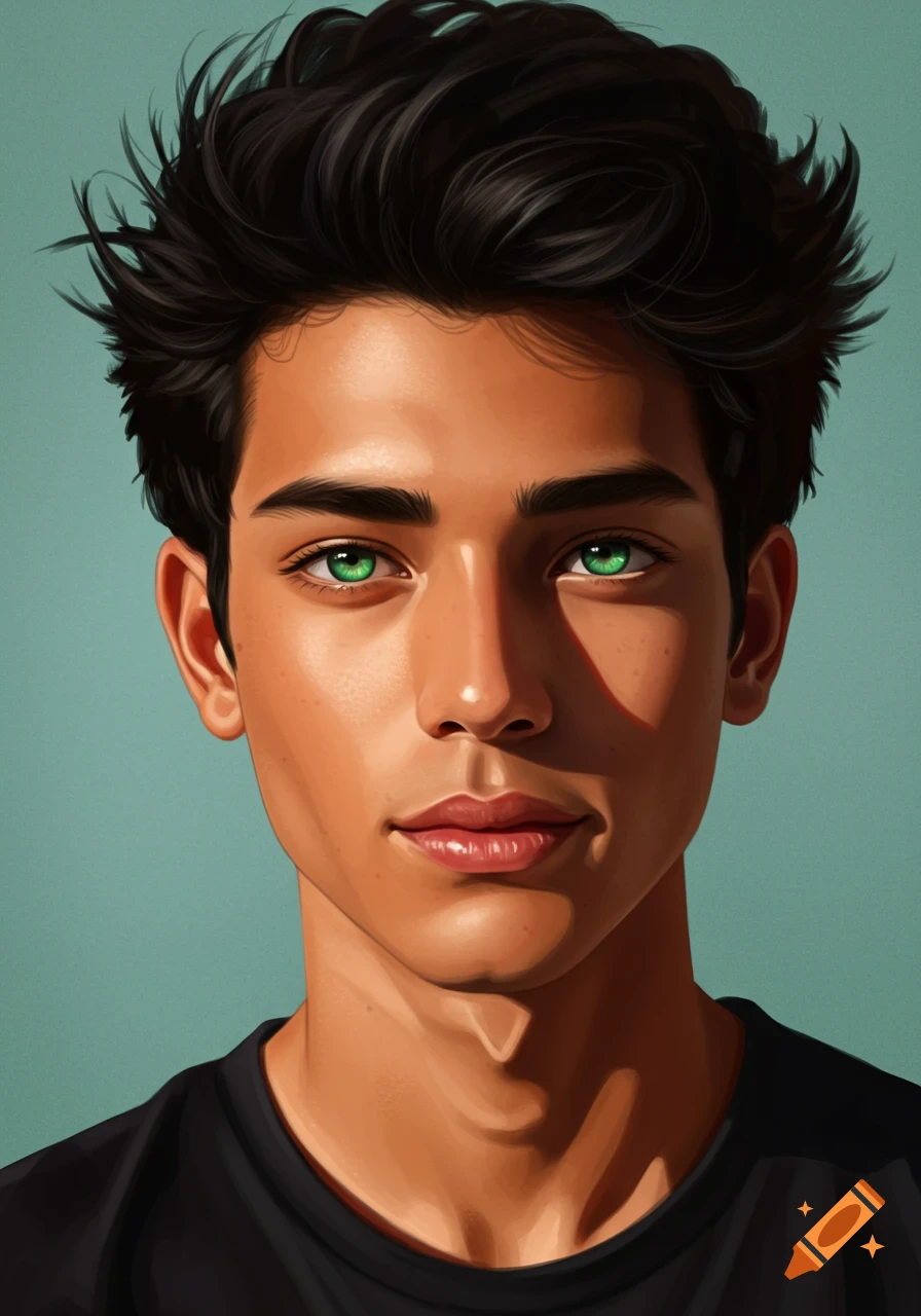 Stylized portrait of a young man with tan skin, green eyes, and black hair