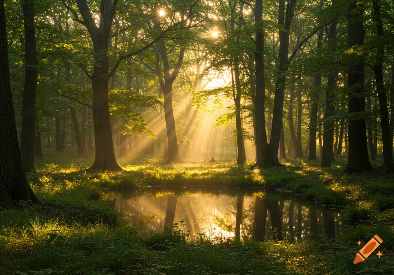 Photorealistic forest landscape with sunrise light rays shining through trees onto a pond.