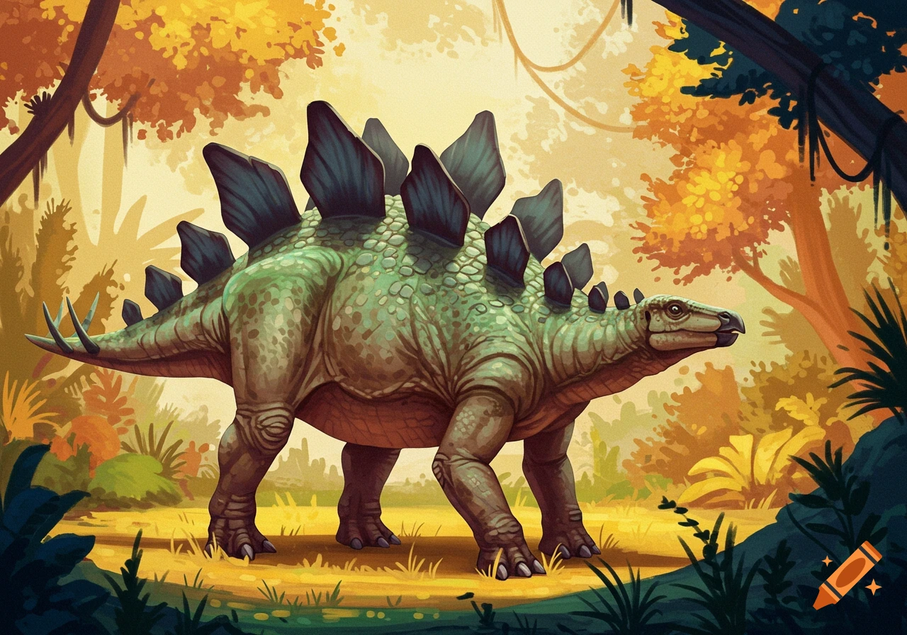 A green Stegosaurus dinosaur standing in a lush, prehistoric forest.
