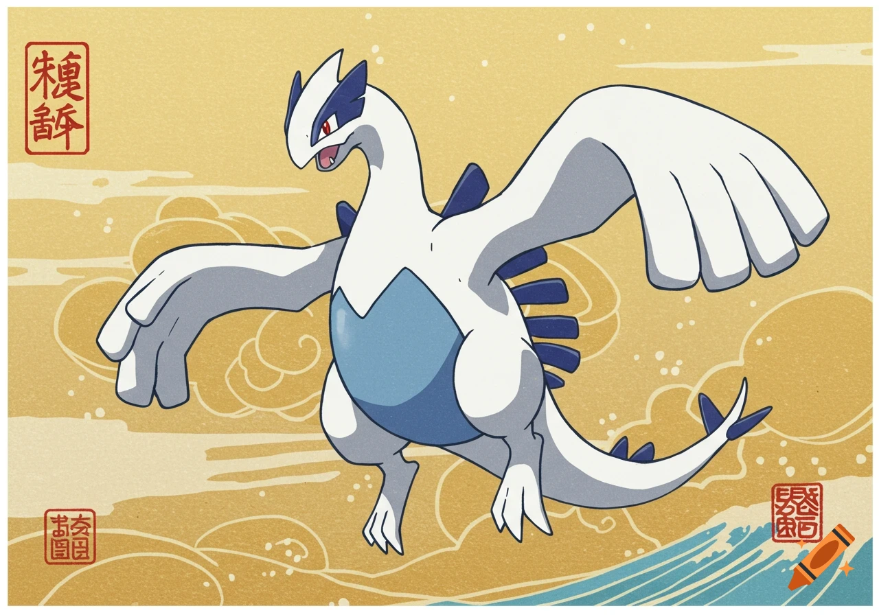 Lugia depicted in a traditional Japanese art style with waves and clouds