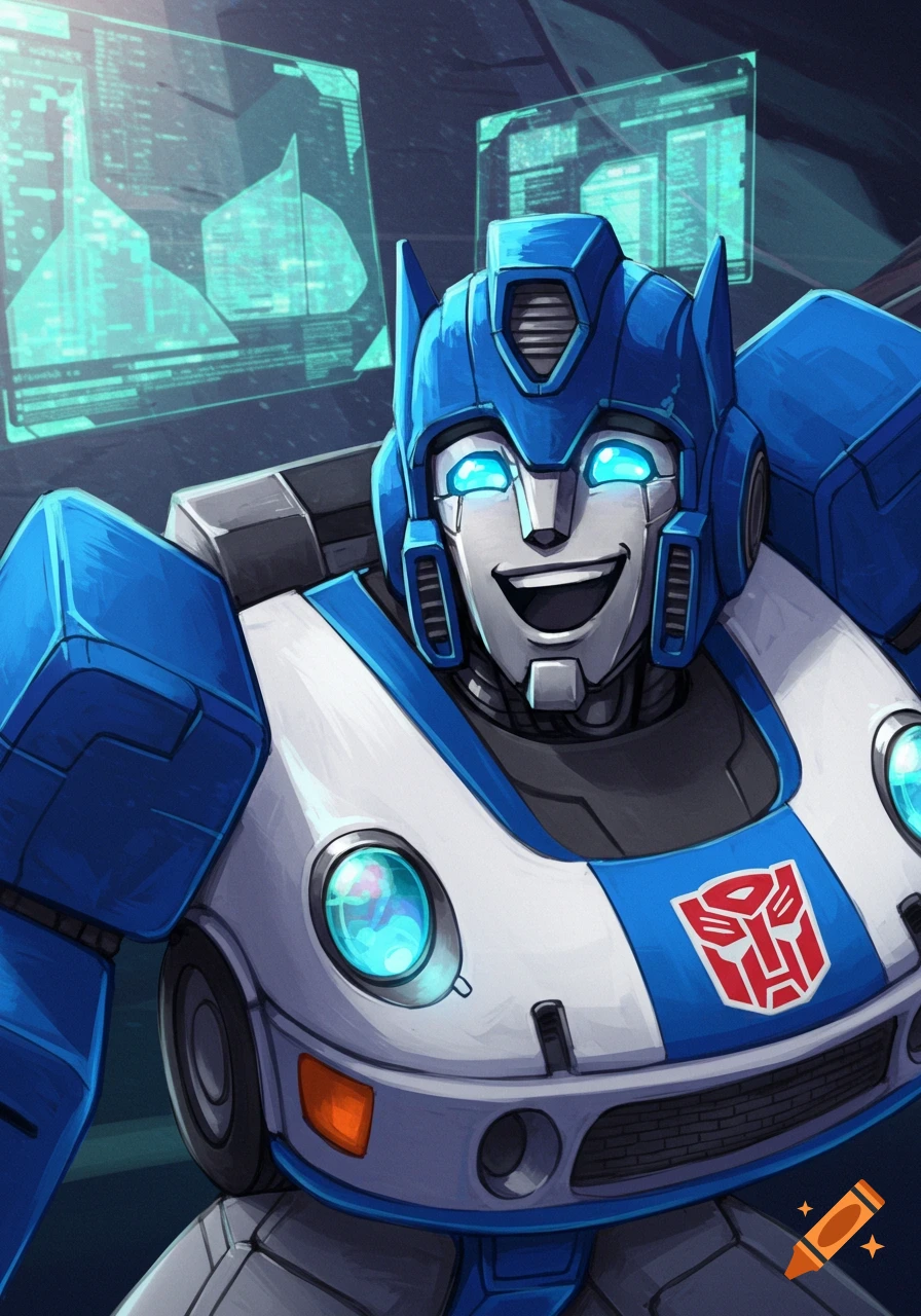 The Transformer Jazz is smiling with glowing eyes, in front of screens displaying data.