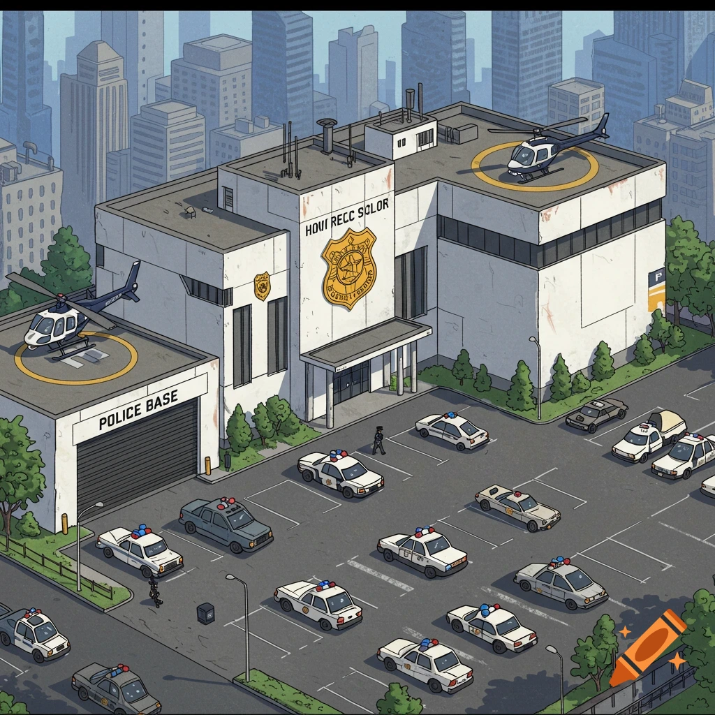 Isometric view of a police base with police cars, helicopters, and a city skyline.
