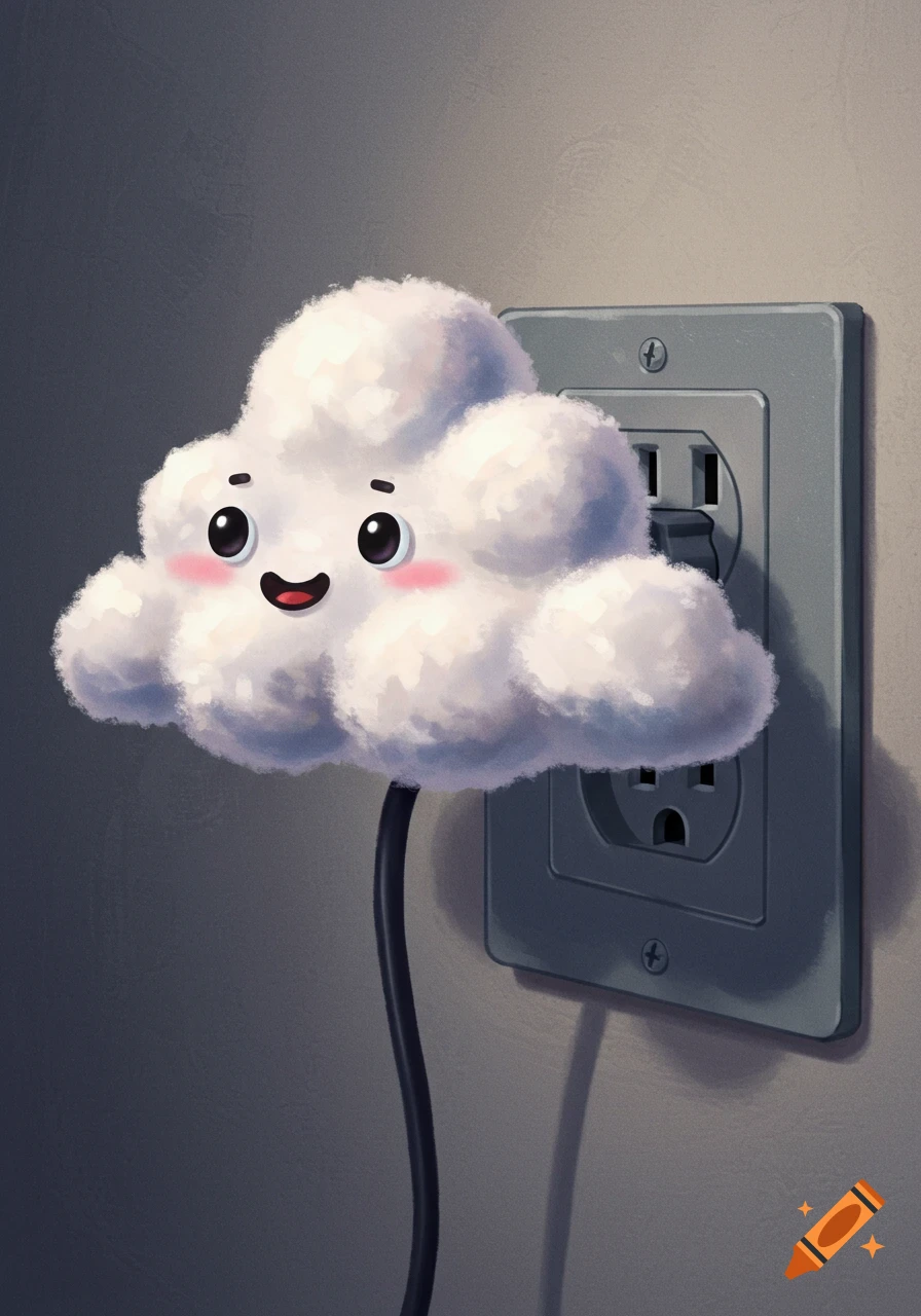 A cute cartoon cloud with a happy face is plugged into a wall outlet.