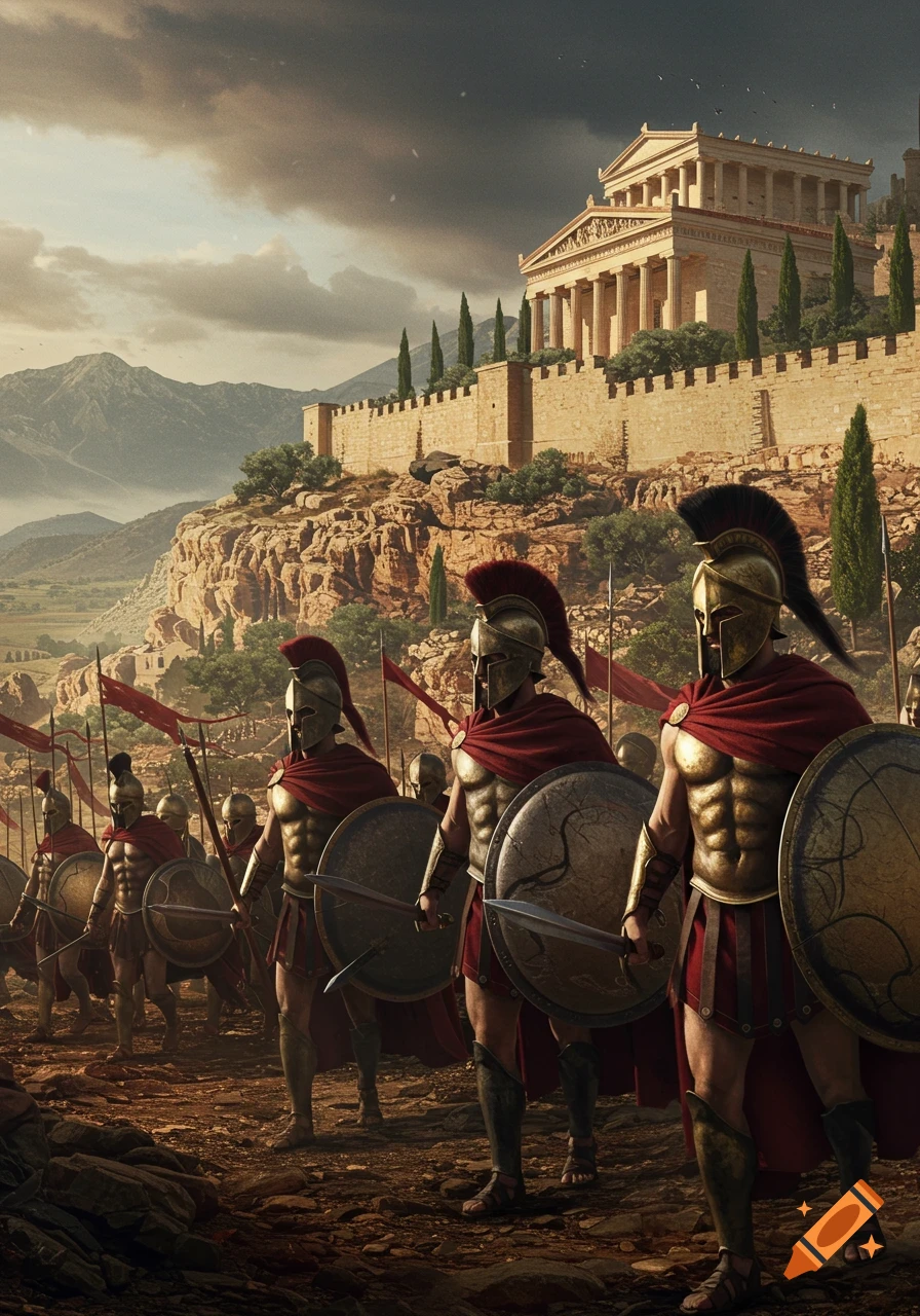 Spartan warriors in armor with shields and spears marching towards an ancient Greek temple on a hill.