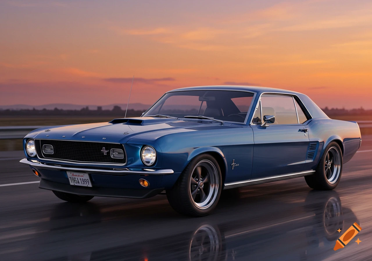 A blue classic muscle car drives on a wet road during sunset.