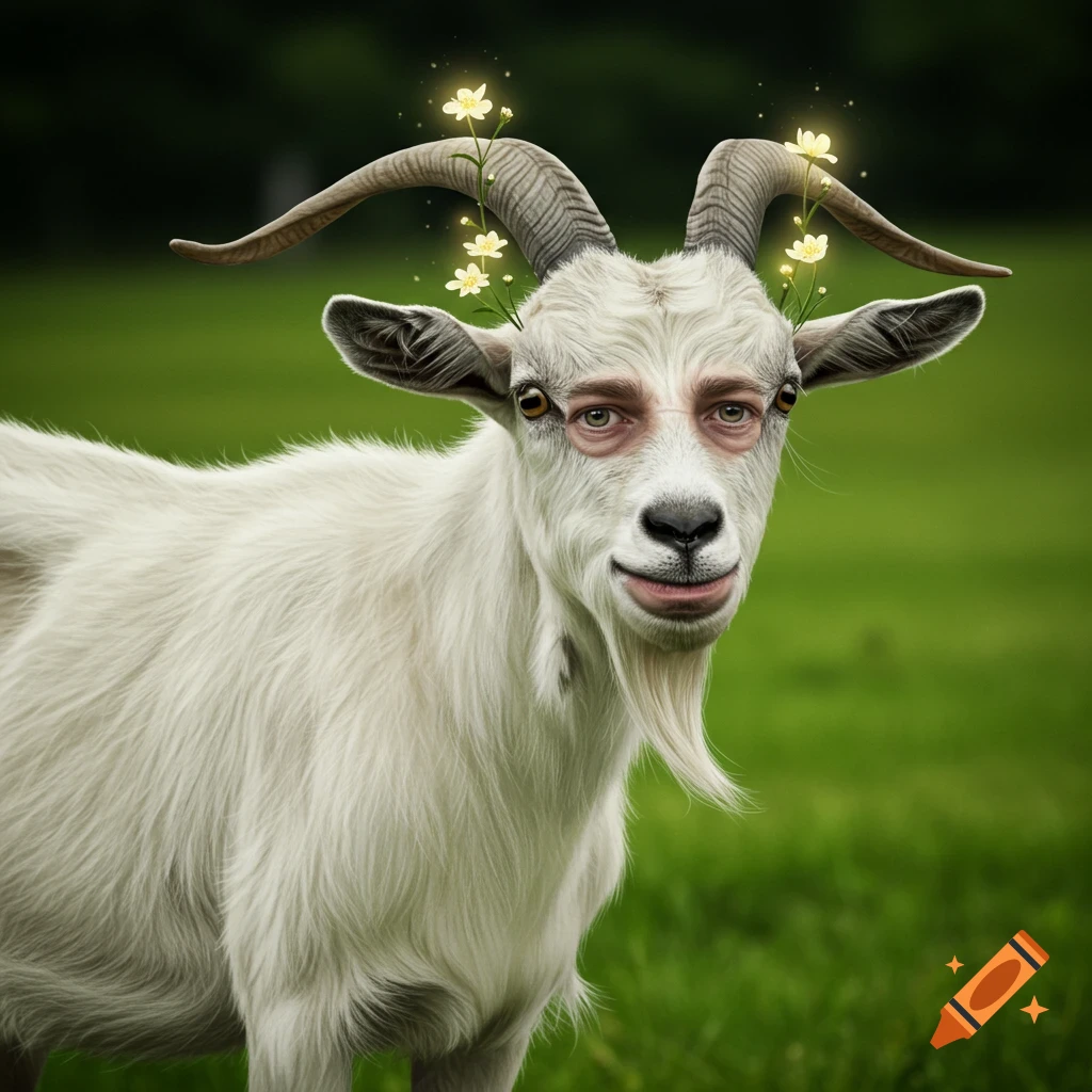 A white goat with human eyes and mouth stands in a field. There are glowing flowers on its horns.
