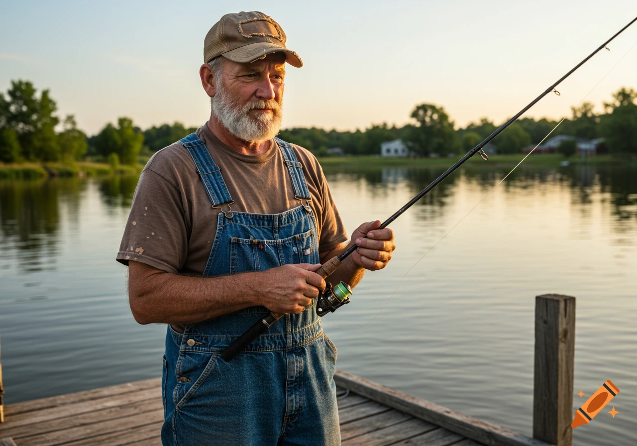 Older man fishing on a dock at sunset