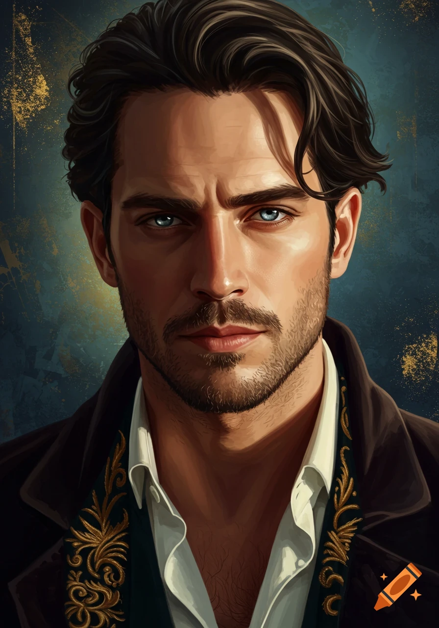Portrait of a man with dark hair and blue eyes wearing a dark coat with gold embroidery.