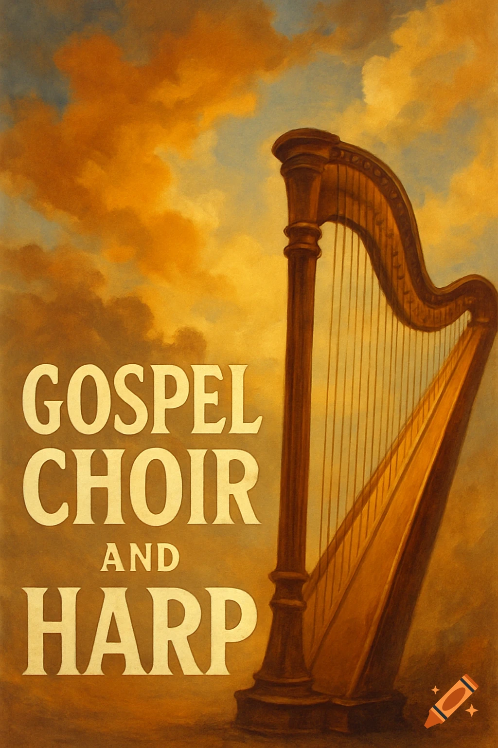 Poster background with a harp and text 'GOSPEL CHOIR AND HARP'