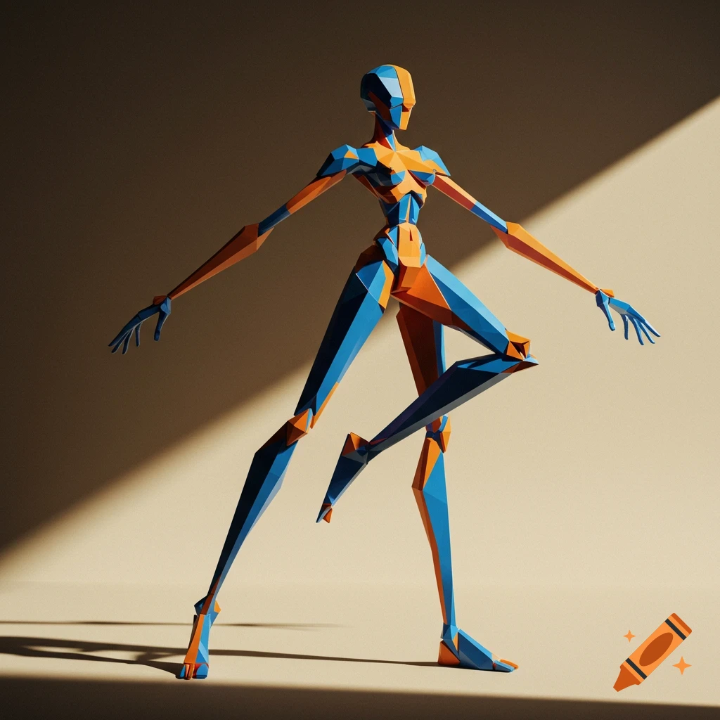 Abstract geometric figure in blue and orange with dramatic lighting