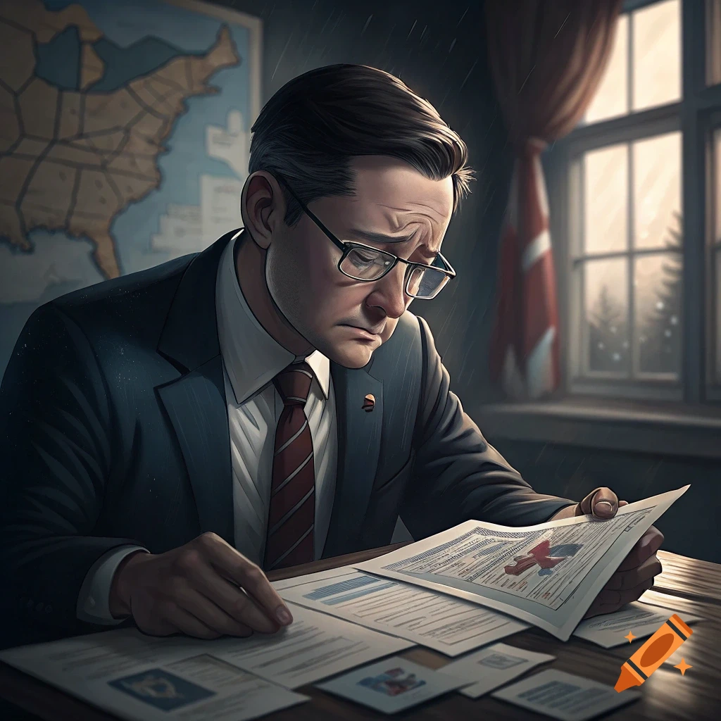 A man in a suit and glasses sits at a desk, looking sadly at papers. There's a map on the wall and a window in the background.