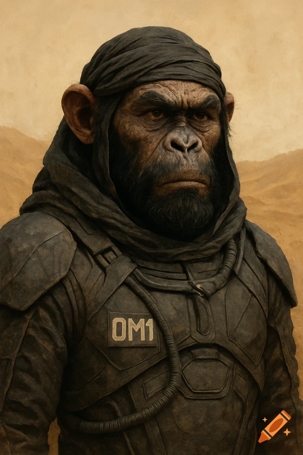Portrait of an ape wearing a dark sci-fi suit, hood, and head covering, with a badge on the chest.