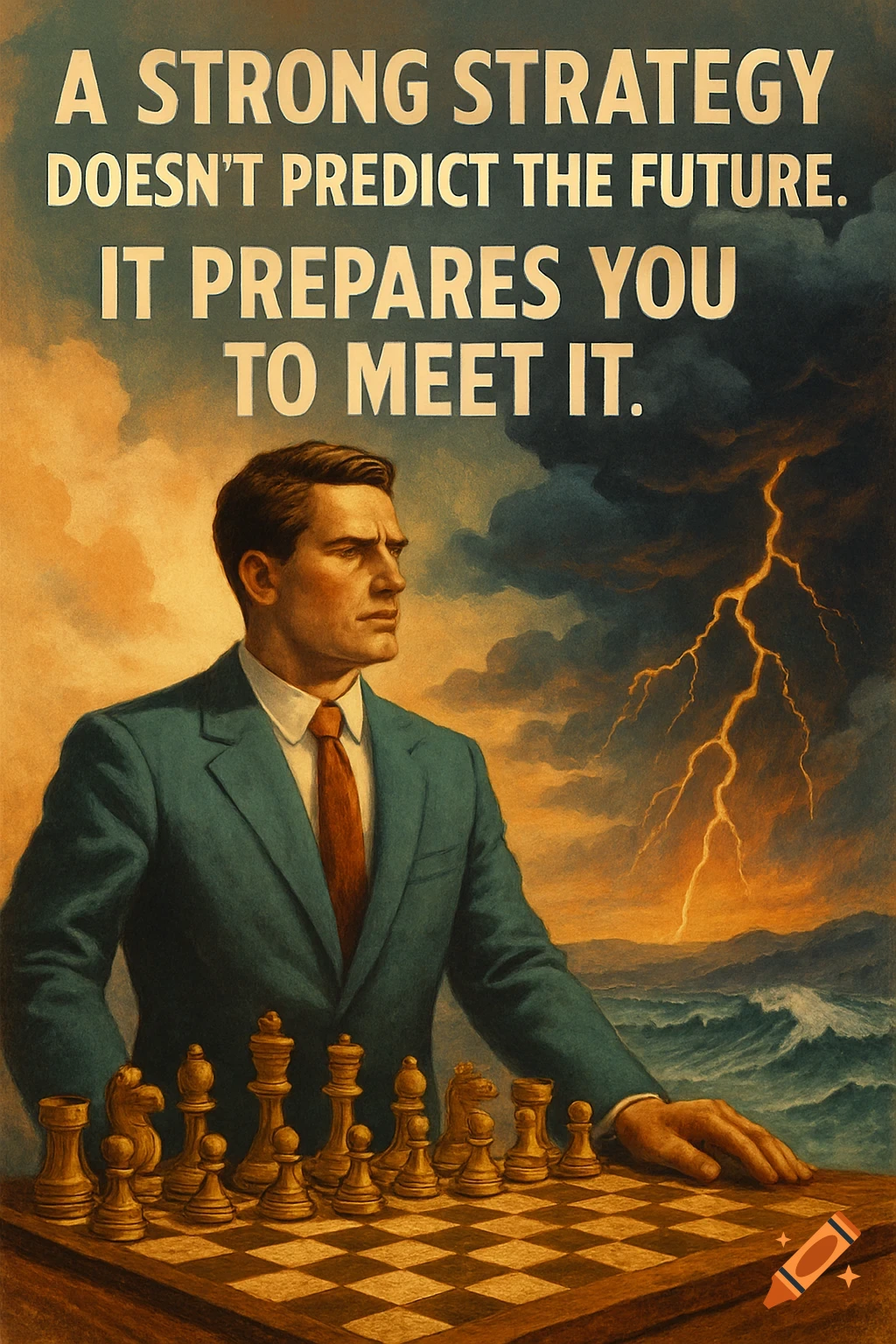 Man in suit playing chess looks out at stormy sky with lightning, vintage poster style art with motivational text.