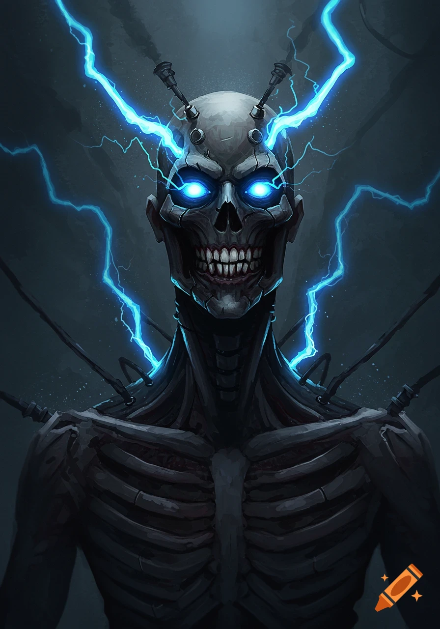 Digital painting of a skeletal figure with glowing blue eyes and electricity.