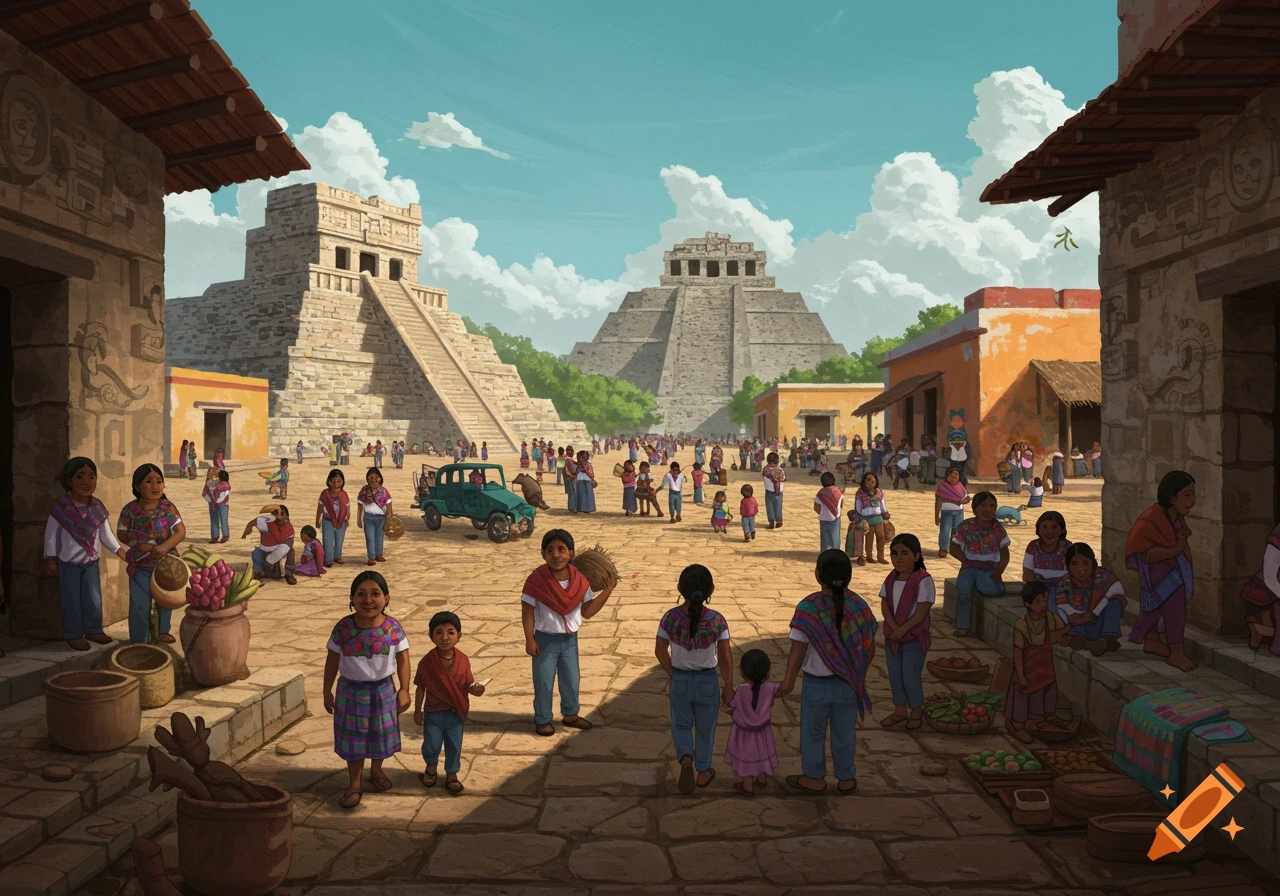 A bustling plaza in a Mayan city, with pyramids, buildings, and many people.