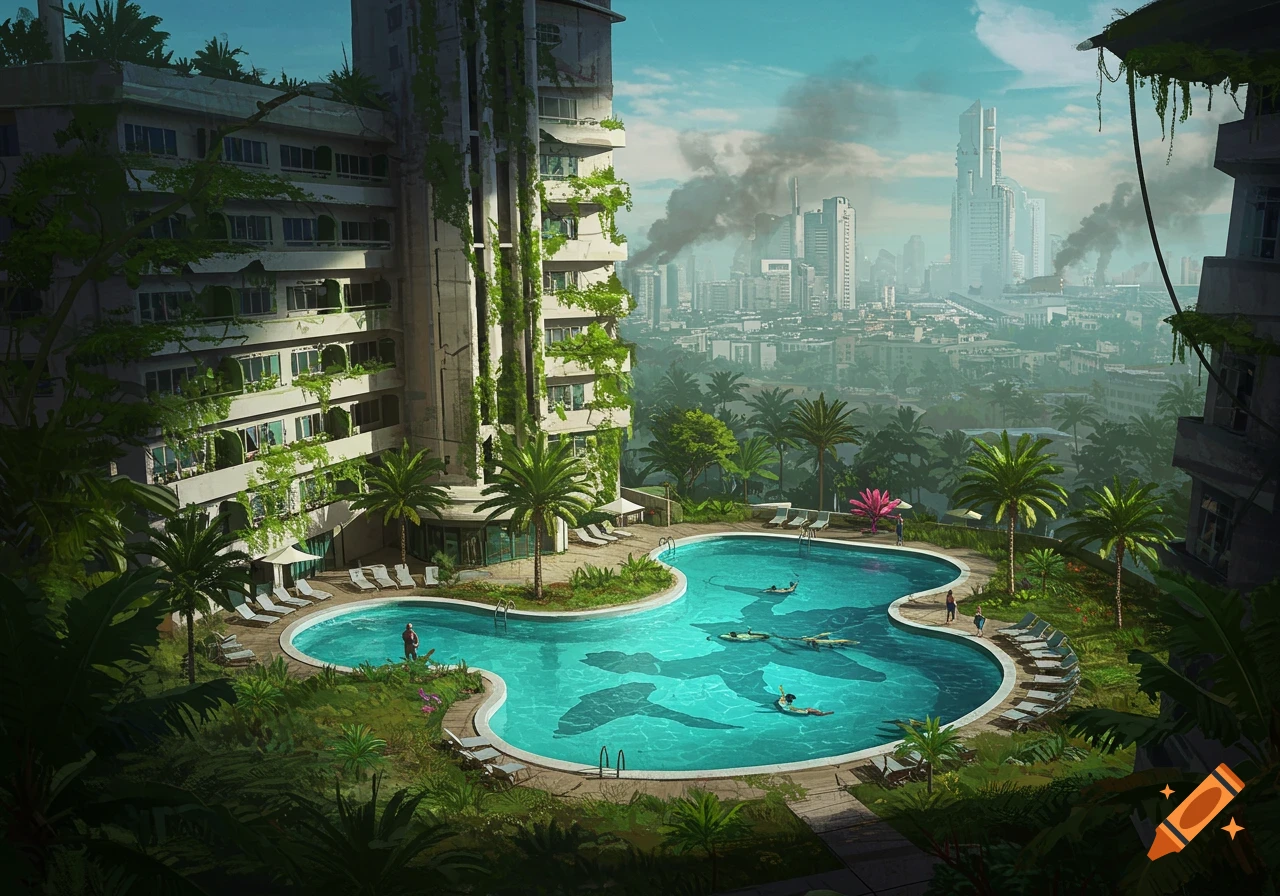 An image of an overgrown, dilapidated hotel and pool overlooking a smoky dystopian cityscape.