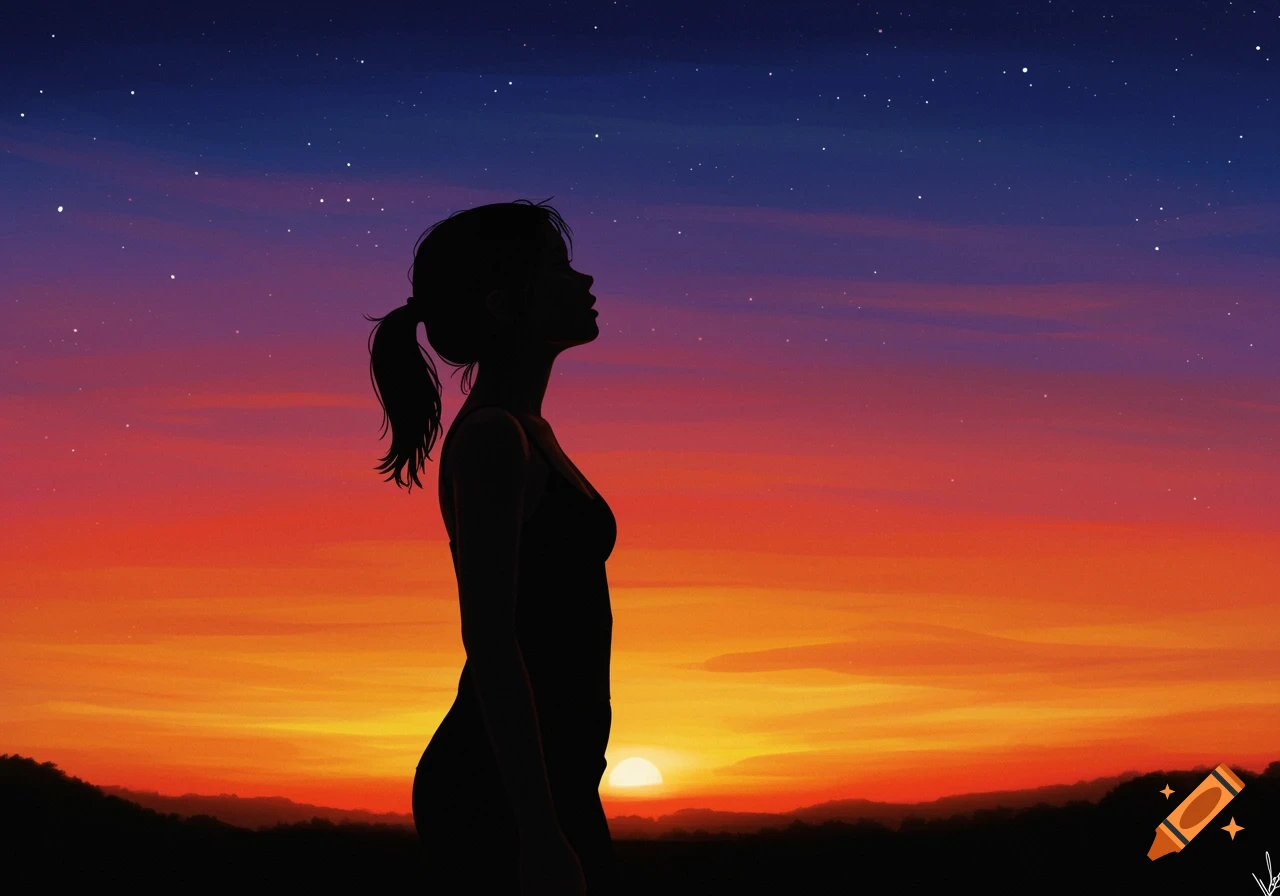 Silhouette of a girl looking up at a colorful sunset and stars.